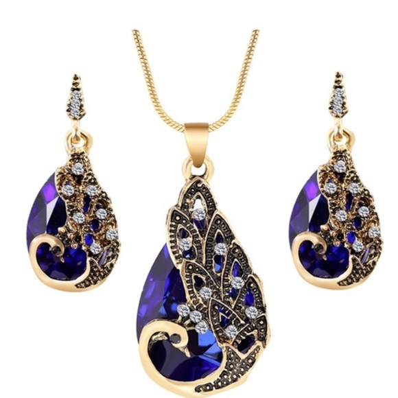 Jewelry - 18K Gold Plated Necklace Earrings Set Blue OR Red